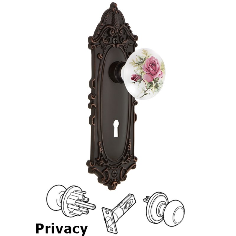 Complete Privacy Set with Keyhole - Victorian Plate with White Rose Porcelain Door Knob in Timeless Bronze