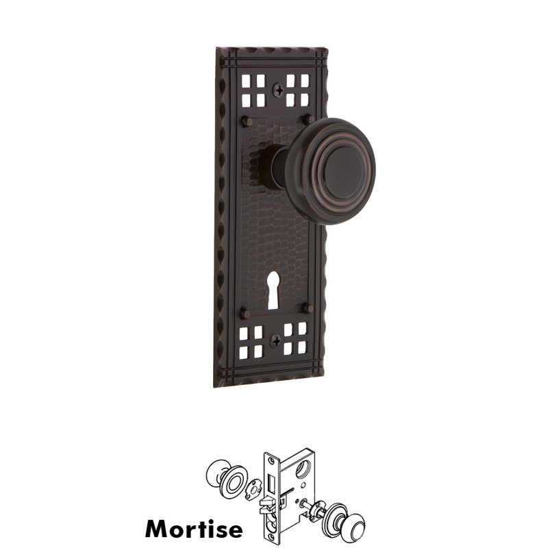 Complete Mortise Lockset with Keyhole - Craftsman Plate with Deco Door Knob in Timeless Bronze