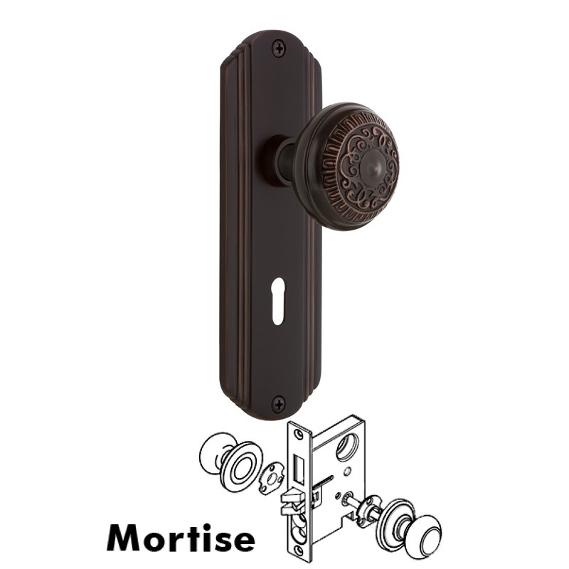 Complete Mortise Lockset with Keyhole - Deco Plate with Egg & Dart Door Knob in Timeless Bronze
