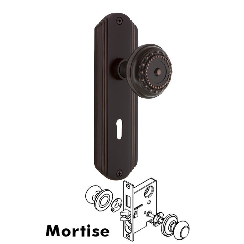 Complete Mortise Lockset with Keyhole - Deco Plate with Meadows Door Knob in Timeless Bronze