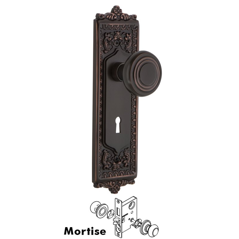 Complete Mortise Lockset with Keyhole - Egg & Dart Plate with Deco Door Knob in Timeless Bronze