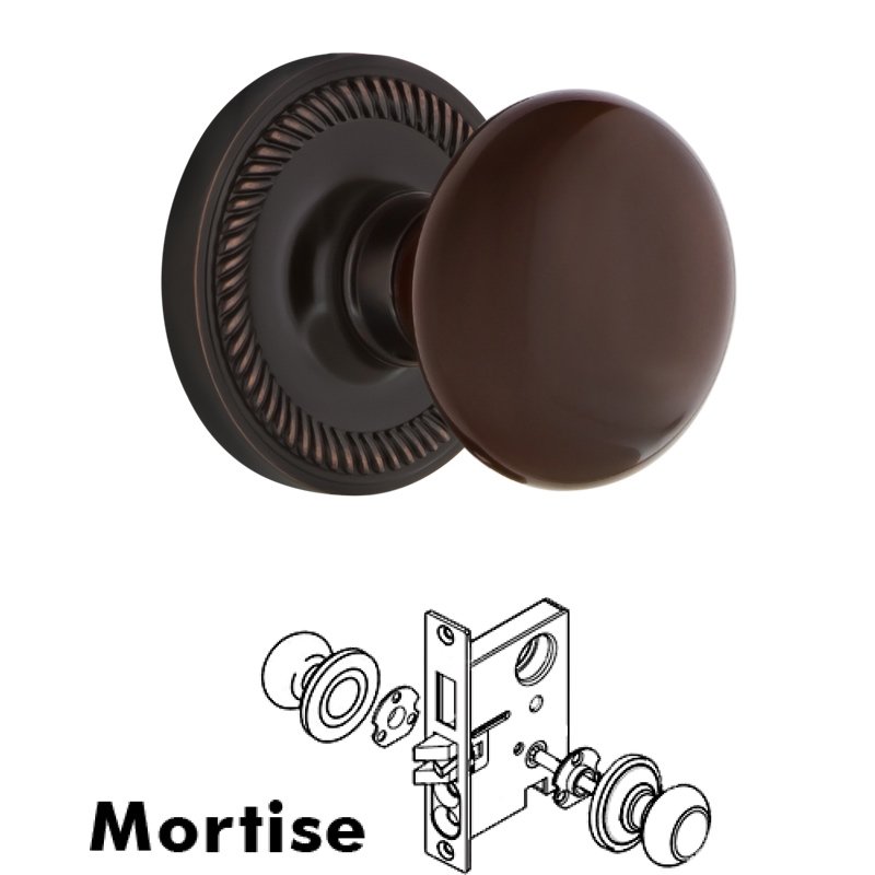 Complete Mortise Lockset with Keyhole - Rope Rosette with Brown Porcelain Door Knob in Timeless Bronze