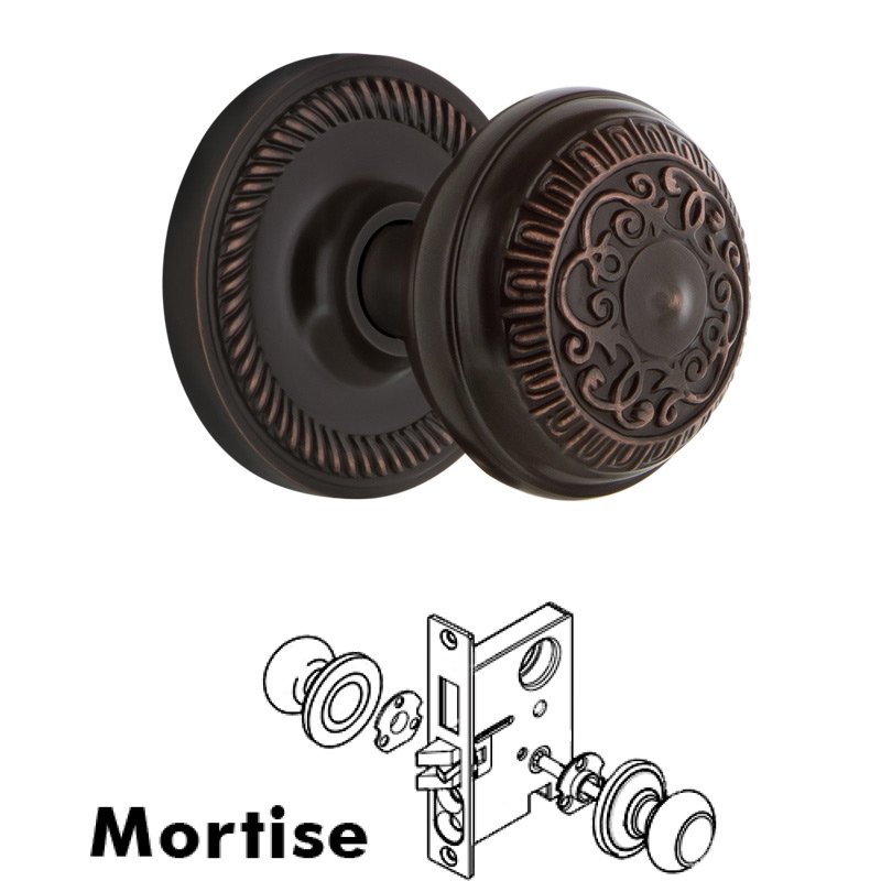 Complete Mortise Lockset with Keyhole - Rope Rosette with Egg & Dart Door Knob in Timeless Bronze