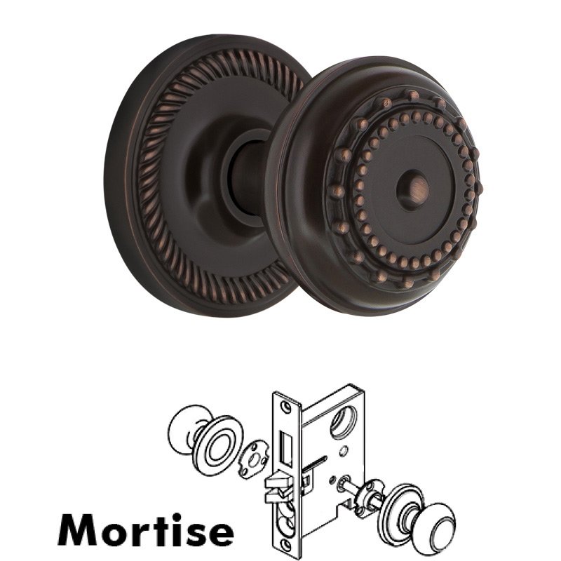 Complete Mortise Lockset with Keyhole - Rope Rosette with Meadows Door Knob in Timeless Bronze