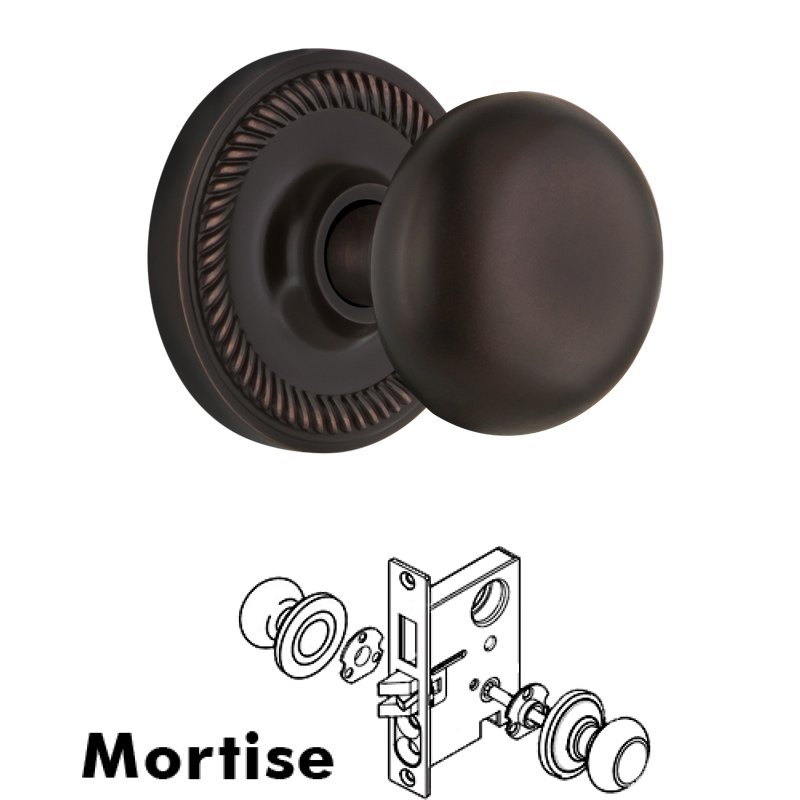 Complete Mortise Lockset with Keyhole - Rope Rosette with New York Door Knobs in Timeless Bronze