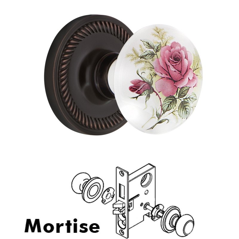 Complete Mortise Lockset with Keyhole - Rope Rosette with White Rose Porcelain Door Knob in Timeless Bronze