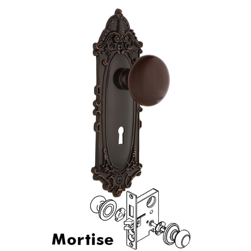 Complete Mortise Lockset with Keyhole - Victorian Plate with Brown Porcelain Door Knob in Timeless Bronze