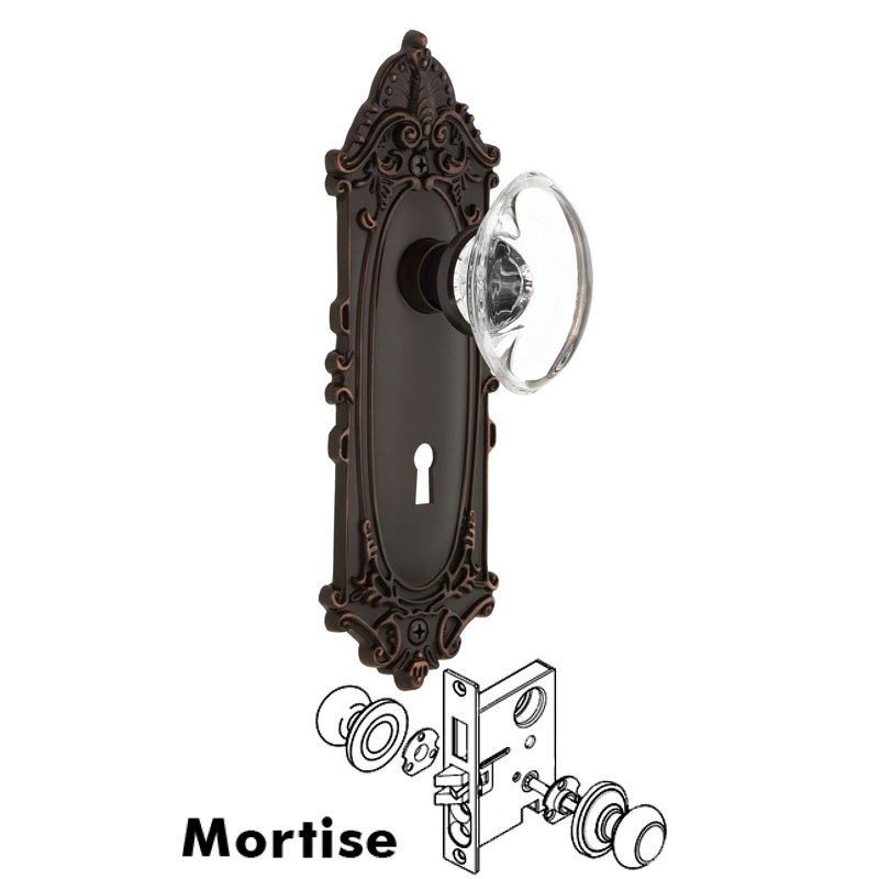 Complete Mortise Lockset with Keyhole - Victorian Plate with Oval Clear Crystal Glass Door Knob in Timeless Bronze