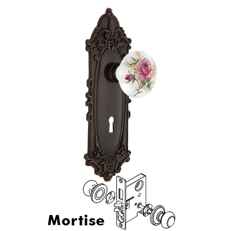 Complete Mortise Lockset with Keyhole - Victorian Plate with White Rose Porcelain Door Knob in Timeless Bronze