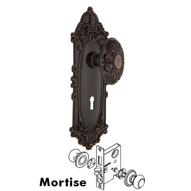 Complete Mortise Lockset with Keyhole - Victorian Plate with Victorian Door Knob in Timeless Bronze