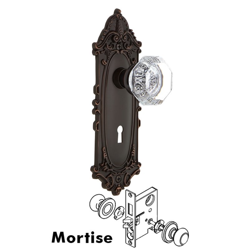 Complete Mortise Lockset with Keyhole - Victorian Plate with Waldorf Door Knob in Timeless Bronze