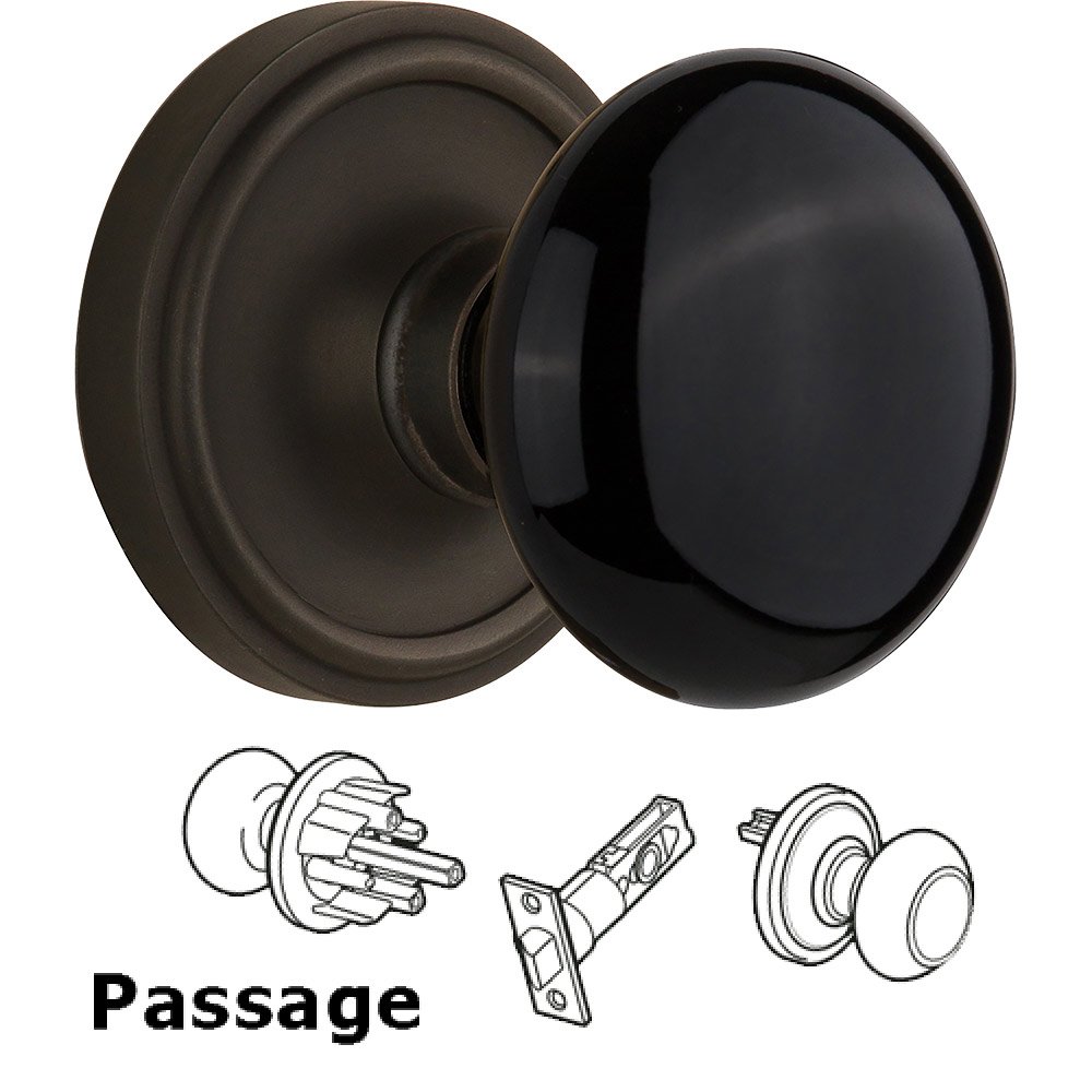 Passage Knob - Classic Rose with Black Porcelain Knob in Oil Rubbed Bronze