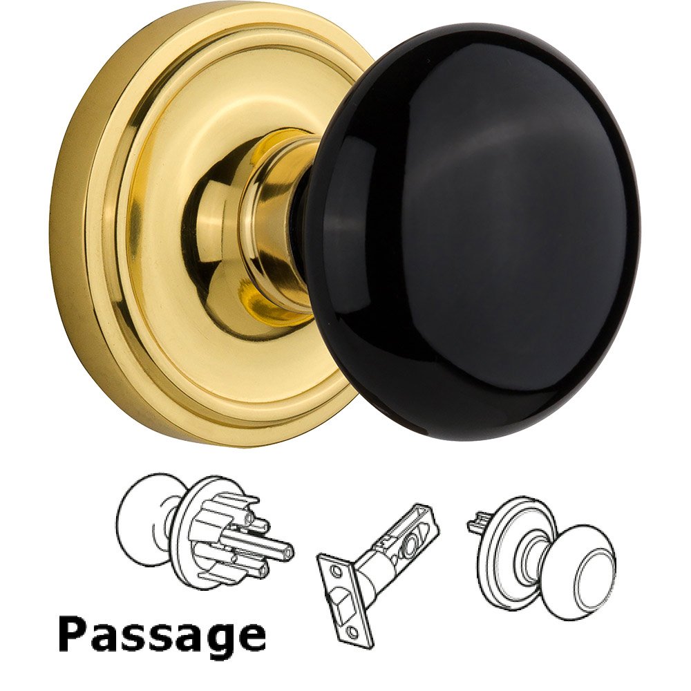 Passage Knob - Classic Rose with Black Porcelain Knob in Polished Brass