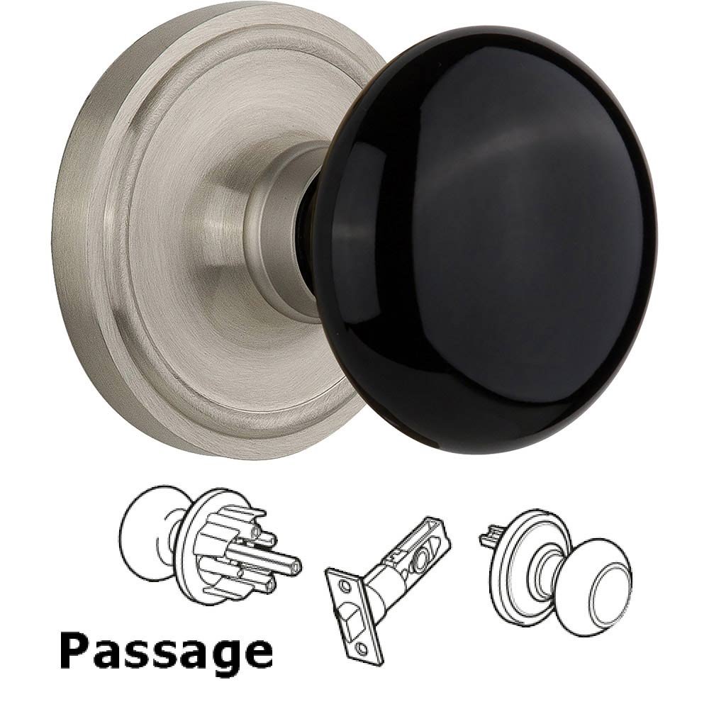 Passage Knob - Classic Rose with Black Porcelain Knob in Satin Nickel