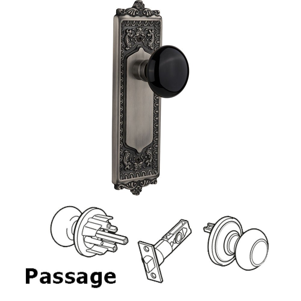 Passage Knob - Egg and Dart Plate with Black Porcelain Knob without Keyhole in Antique Pewter