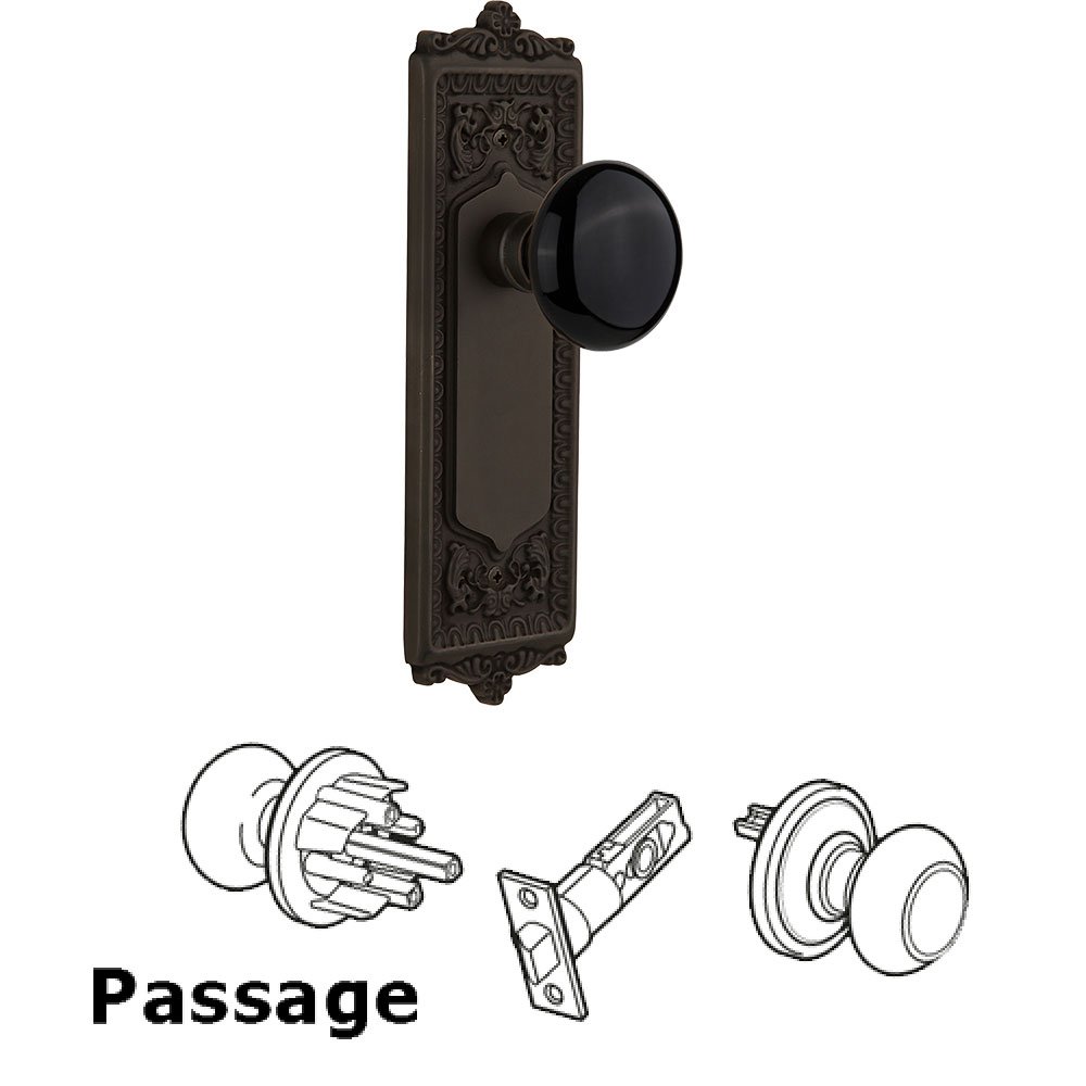 Passage Knob - Egg and Dart Plate with Black Porcelain Knob without Keyhole in Oil Rubbed Bronze