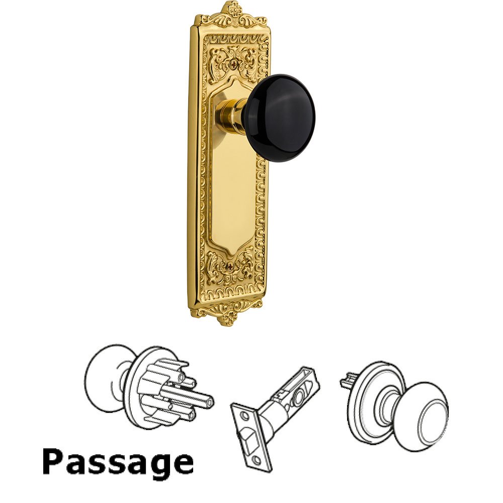 Passage Knob - Egg and Dart Plate with Black Porcelain Knob without Keyhole in Polished Brass