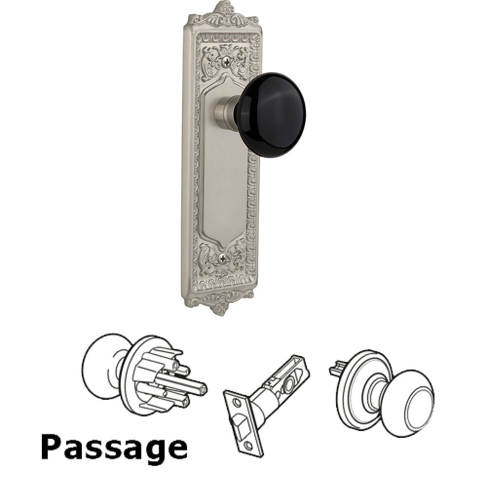 Passage Knob - Egg and Dart Plate with Black Porcelain Knob without Keyhole in Satin Nickel