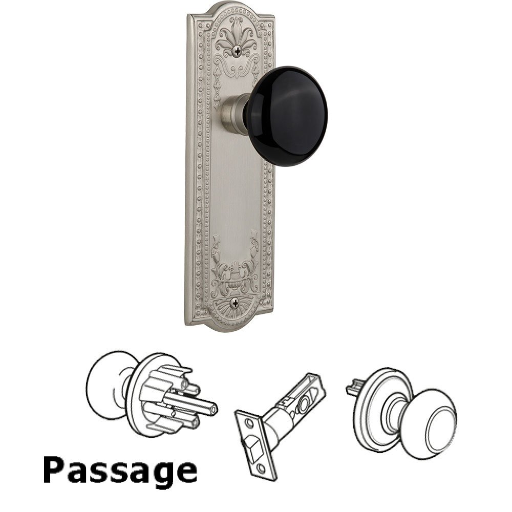 Passage Knob - Meadows Plate with Black Porcelain Knob without Keyhole in Satin Nickel