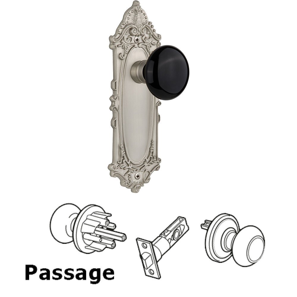 Passage Knob - Victorian Plate with Black Porcelain Knob without Keyhole in Satin Nickel