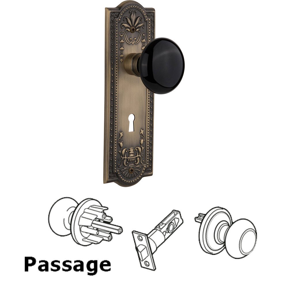 Passage Meadows Plate with Keyhole and Black Porcelain Door Knob in Antique Brass