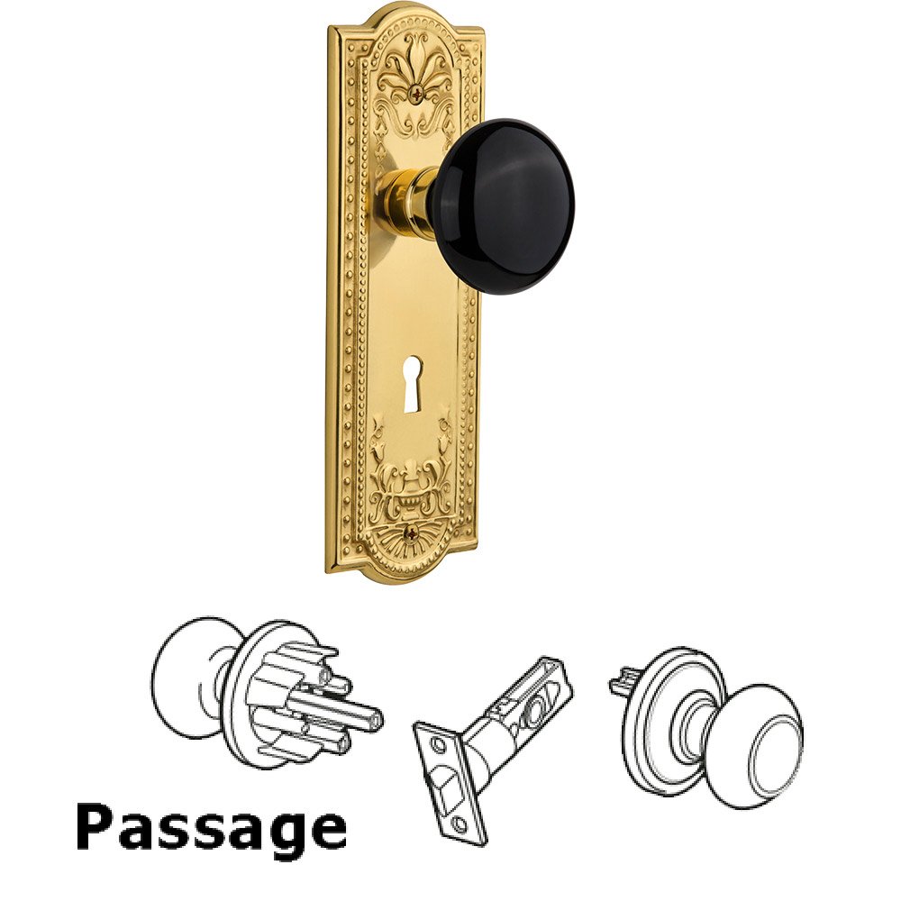 Passage Knob - Meadows Plate with Black Porcelain Knob with Keyhole in Polished Brass