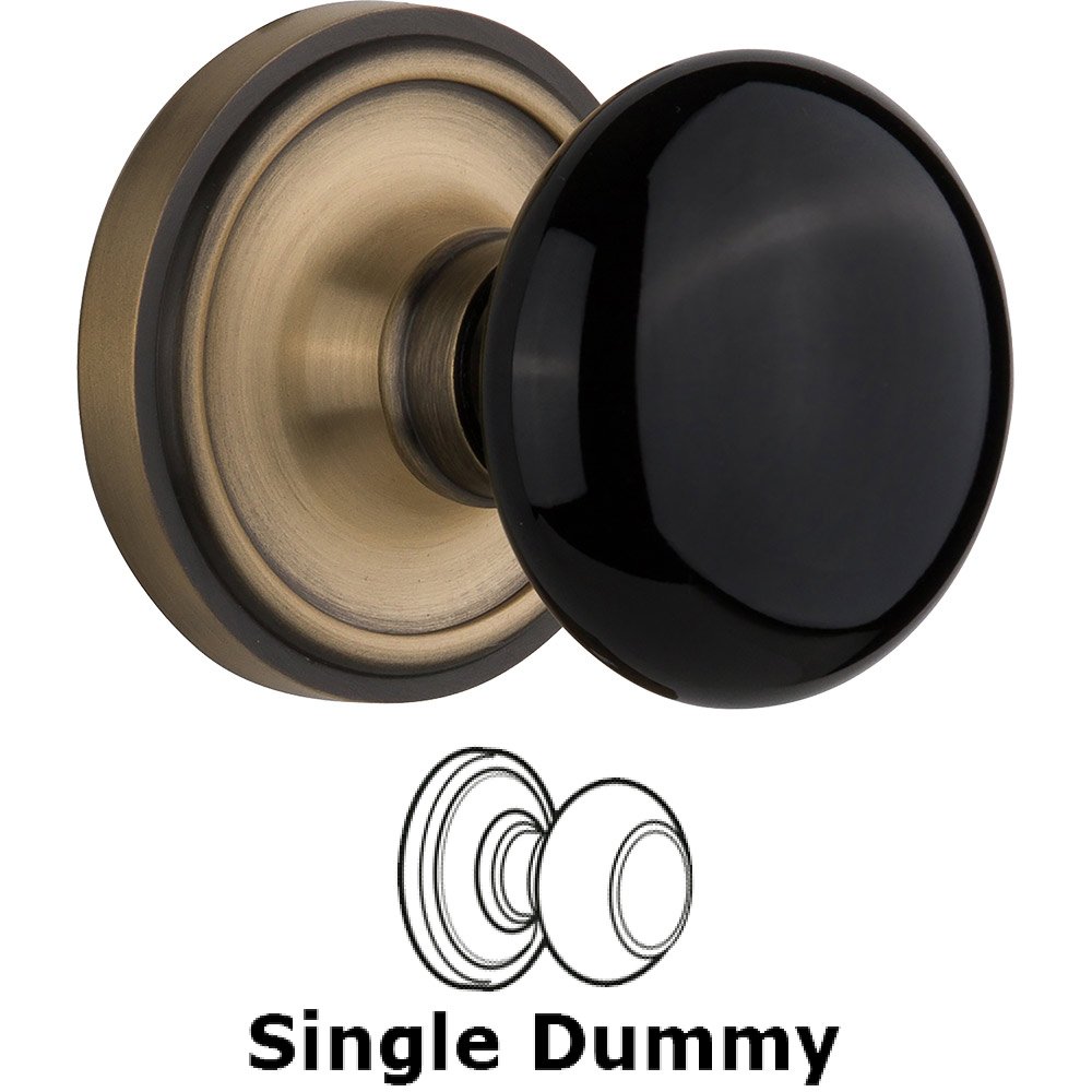 Single Dummy Classic Rose with Black Porcelain Knob in Antique Brass