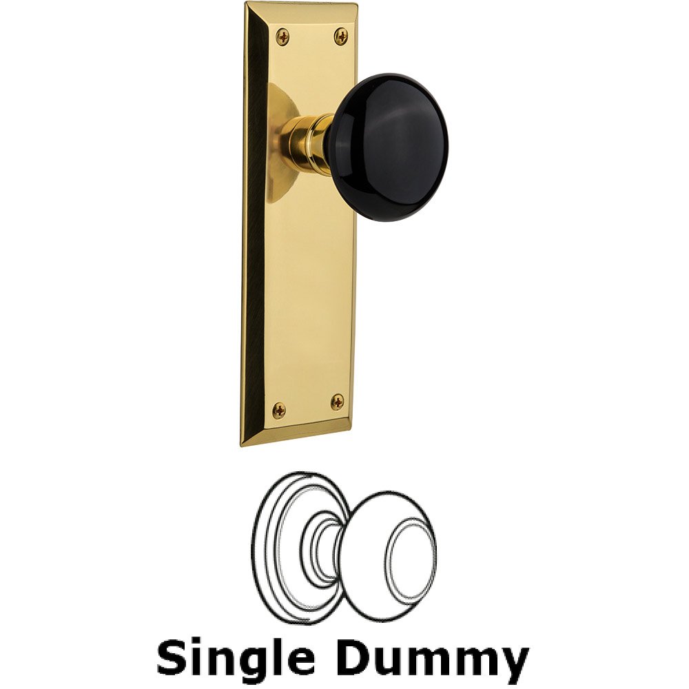 Single Dummy - New York Plate with Black Porcelain Knob without Keyhole in Polished Brass