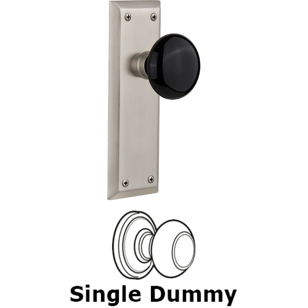 Single Dummy - New York Plate with Black Porcelain Knob without Keyhole in Satin Nickel