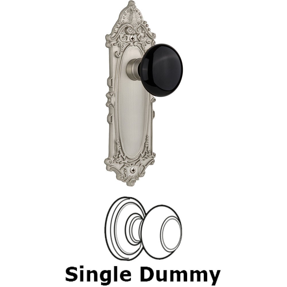 Single Dummy - Victorian Plate with Black Porcelain Knob without Keyhole in Satin Nickel