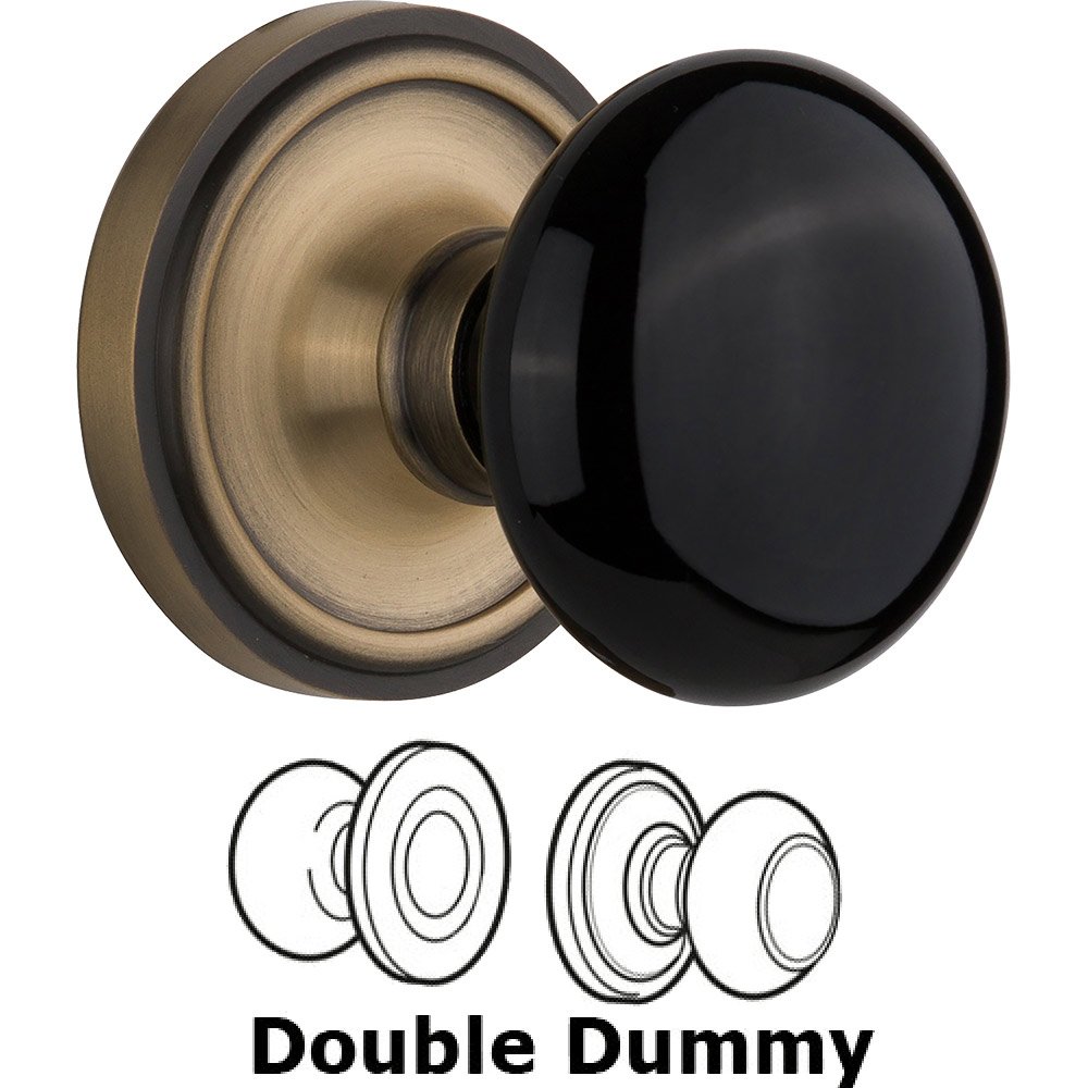 Double Dummy Classic Rose with Black Porcelain Knob in Antique Brass