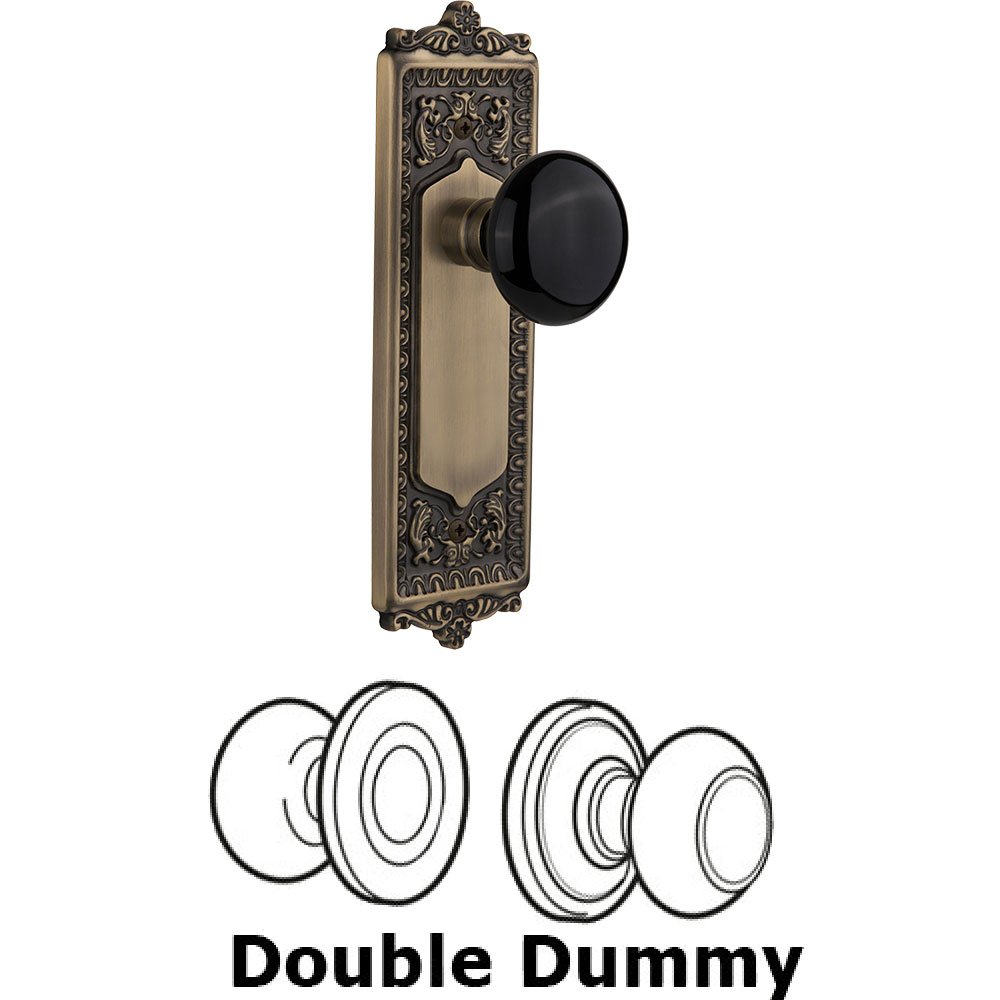 Double Dummy - Egg and Dart Plate with Black Porcelain Knob without Keyhole in Antique Brass