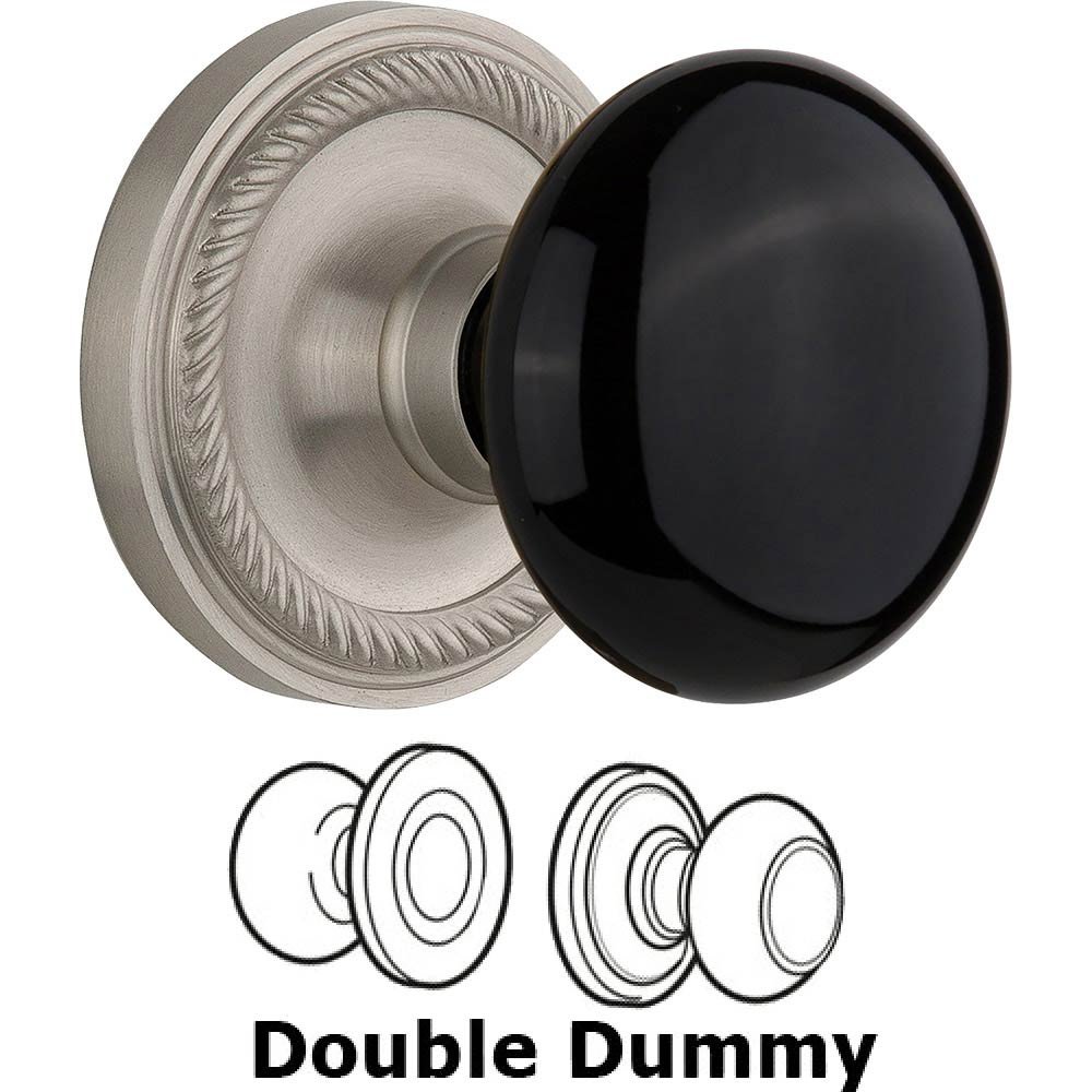 Double Dummy - Rope Rose with Black Porcelain Knob in Satin Nickel