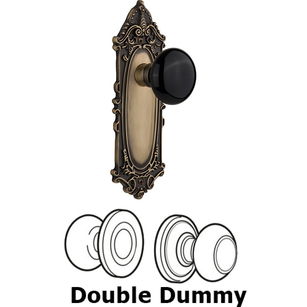 Double Dummy - Victorian Plate with Black Porcelain Knob without Keyhole in Antique Brass