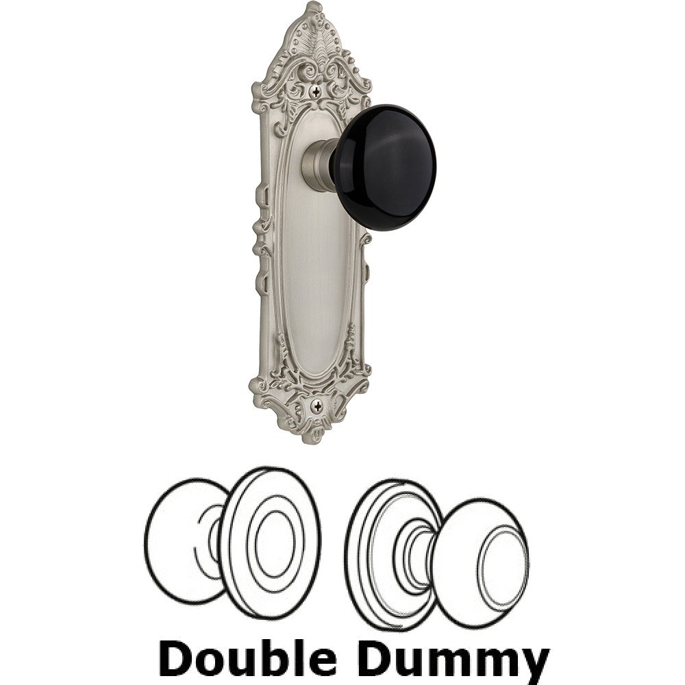 Double Dummy - Victorian Plate with Black Porcelain Knob without Keyhole in Satin Nickel