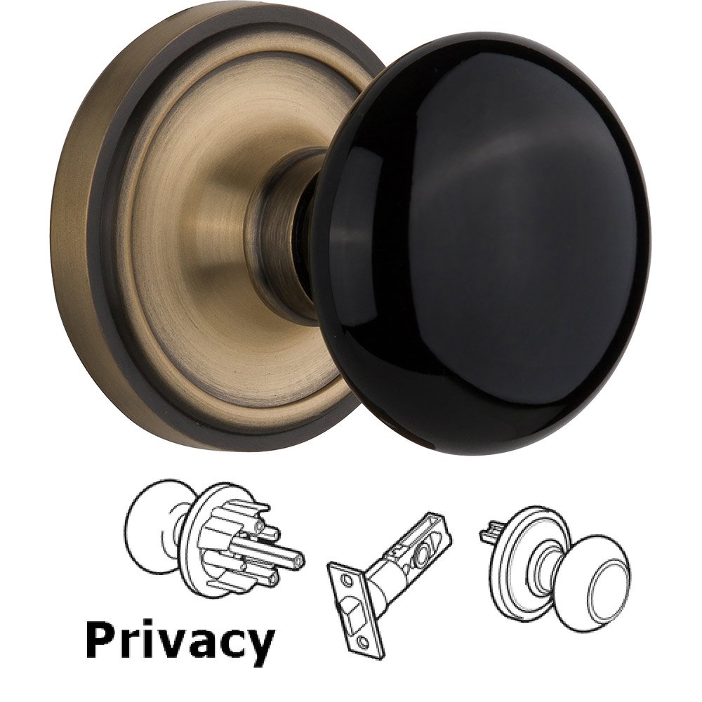 Privacy Knob - Classic Rose with Black Porcelain Knob in Antique Brass