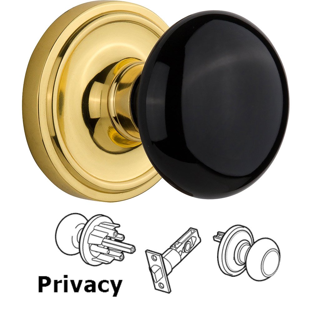 Privacy Knob - Classic Rose with Black Porcelain Knob in Polished Brass