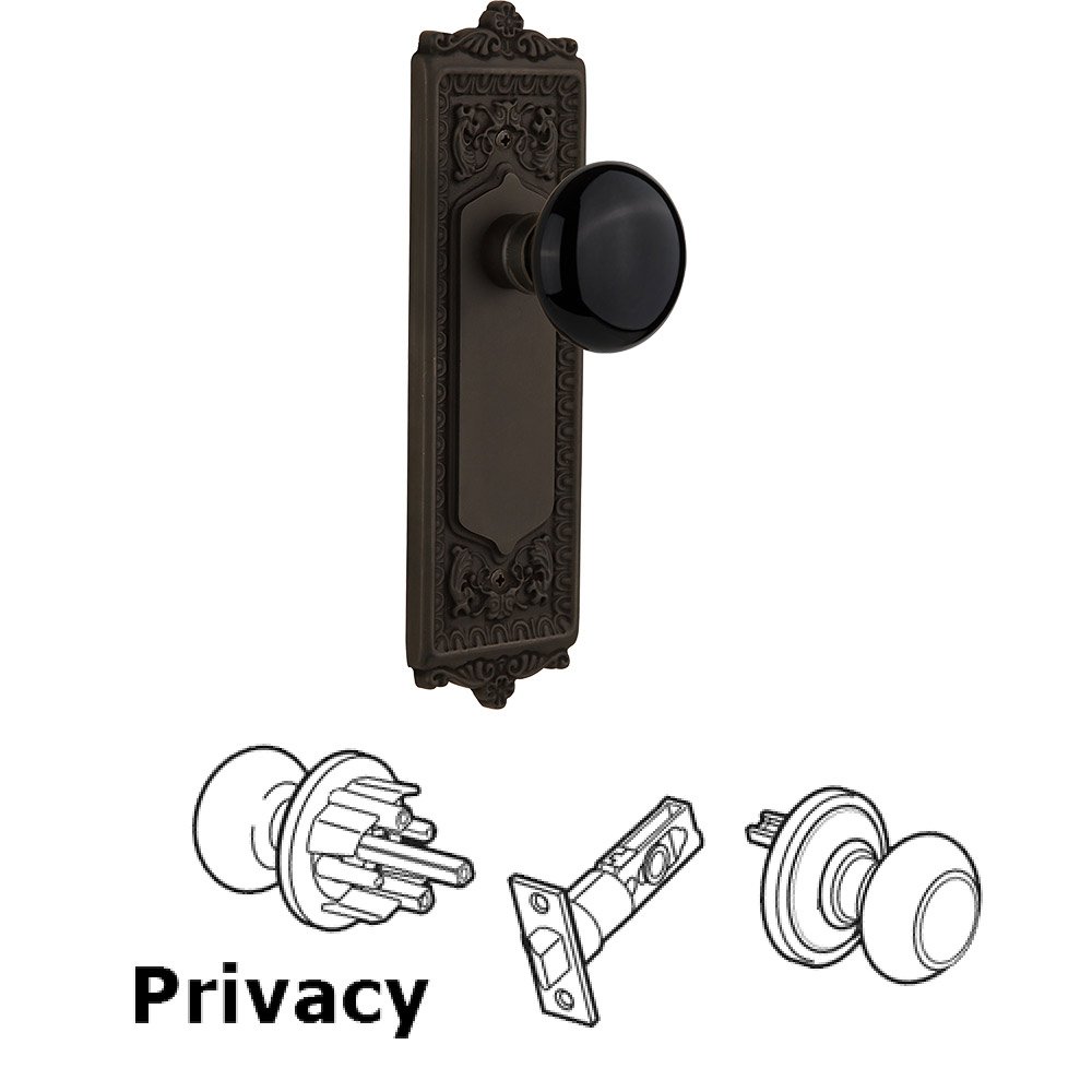 Privacy Knob - Egg and Dart Plate with Black Porcelain Knob without Keyhole in Oil Rubbed Bronze