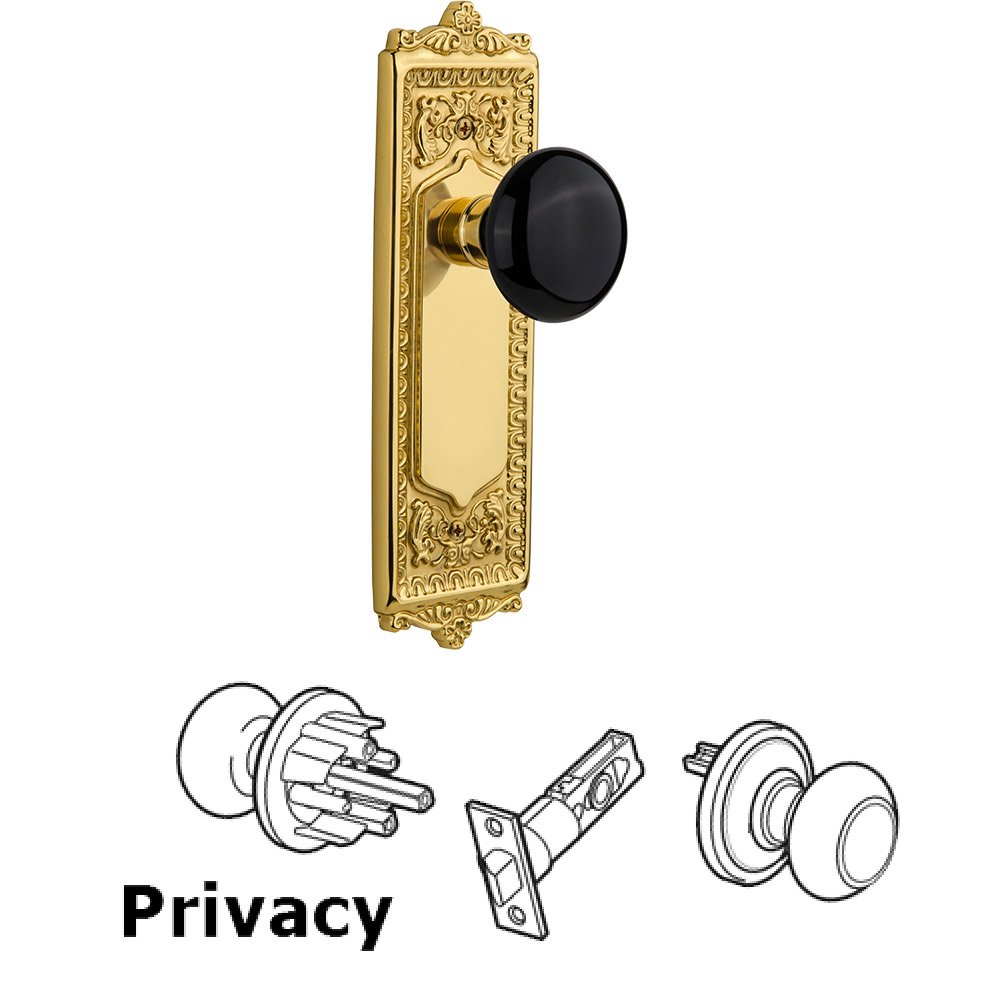 Privacy Knob - Egg and Dart Plate with Black Porcelain Knob without Keyhole in Polished Brass