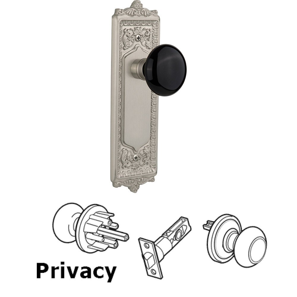 Privacy Knob - Egg and Dart Plate with Black Porcelain Knob without Keyhole in Satin Nickel