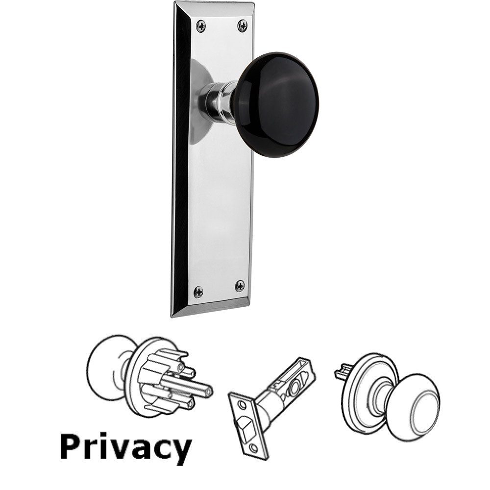 Privacy Knob - New York Plate with Black Porcelain Knob without Keyhole in Bright Chrome
