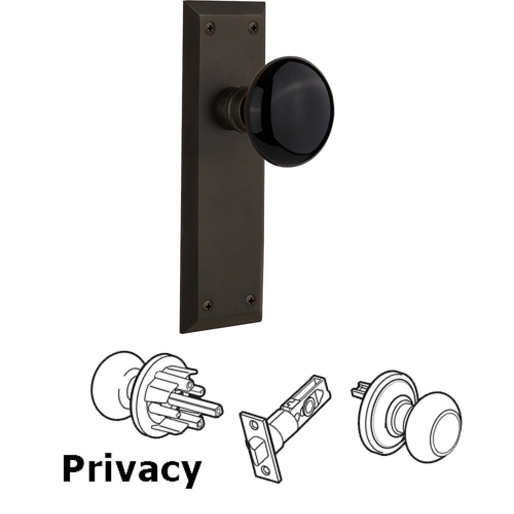 Privacy New York Plate with Black Porcelain Door Knob in Oil-Rubbed Bronze