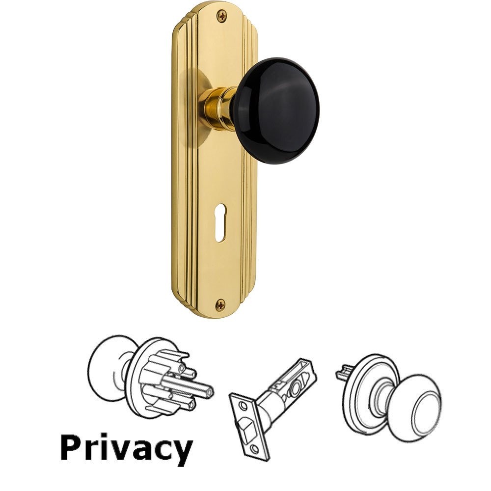 Privacy Deco Plate with Keyhole and Black Porcelain Door Knob in Polished Brass