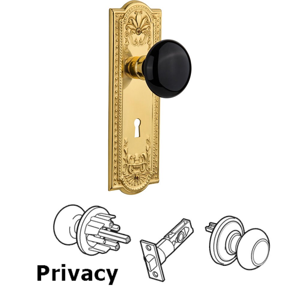 Privacy Meadows Plate with Keyhole and Black Porcelain Door Knob in Polished Brass