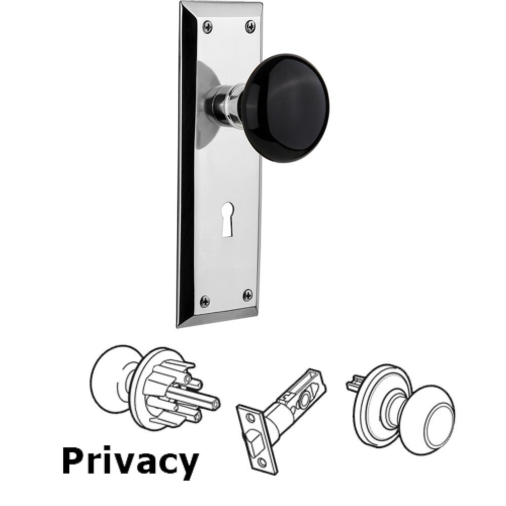 Privacy Knob - New York Plate with Black Porcelain Knob with Keyhole in Bright Chrome