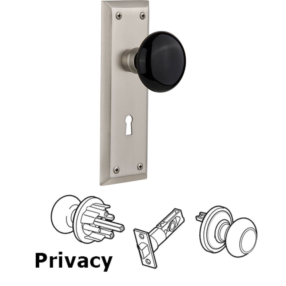 Privacy Knob - New York Plate with Black Porcelain Knob with Keyhole in Satin Nickel