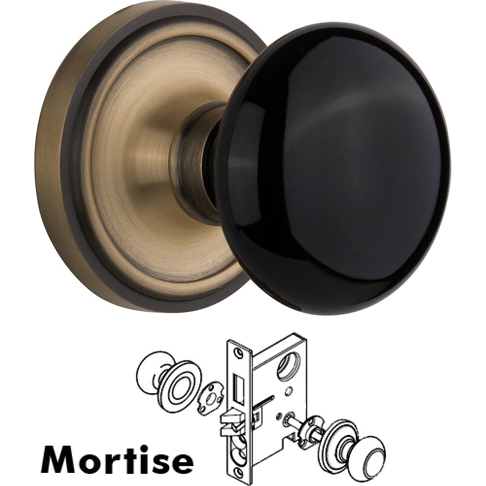Mortise - Classic Rose with Black Porcelain Knob in Antique Brass