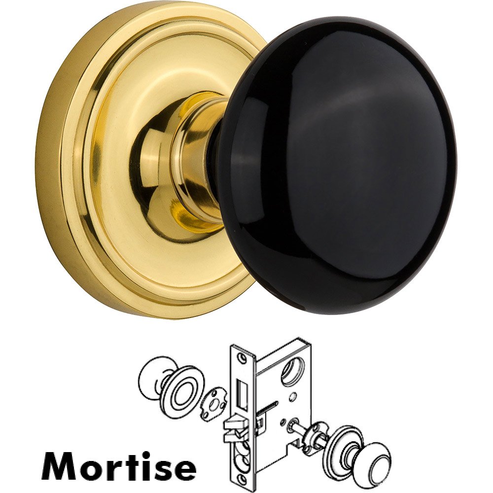 Mortise - Classic Rose with Black Porcelain Knob in Polished Brass