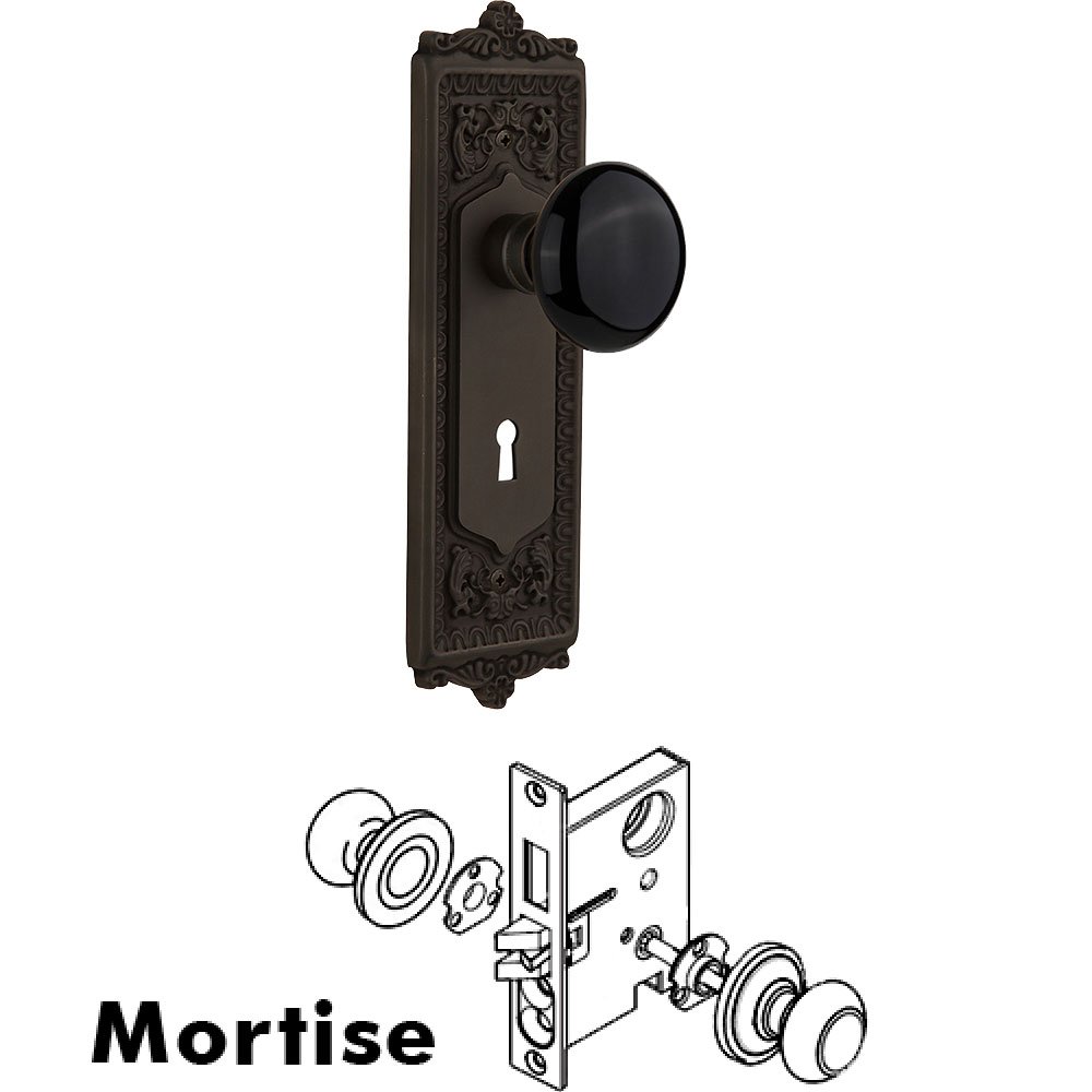 Mortise - Egg and Dart Plate with Black Porcelain Knob with Keyhole in Oil Rubbed Bronze