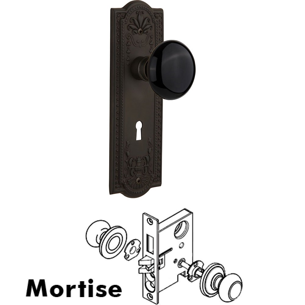 Mortise - Meadows Plate with Black Porcelain Knob with Keyhole in Oil Rubbed Bronze